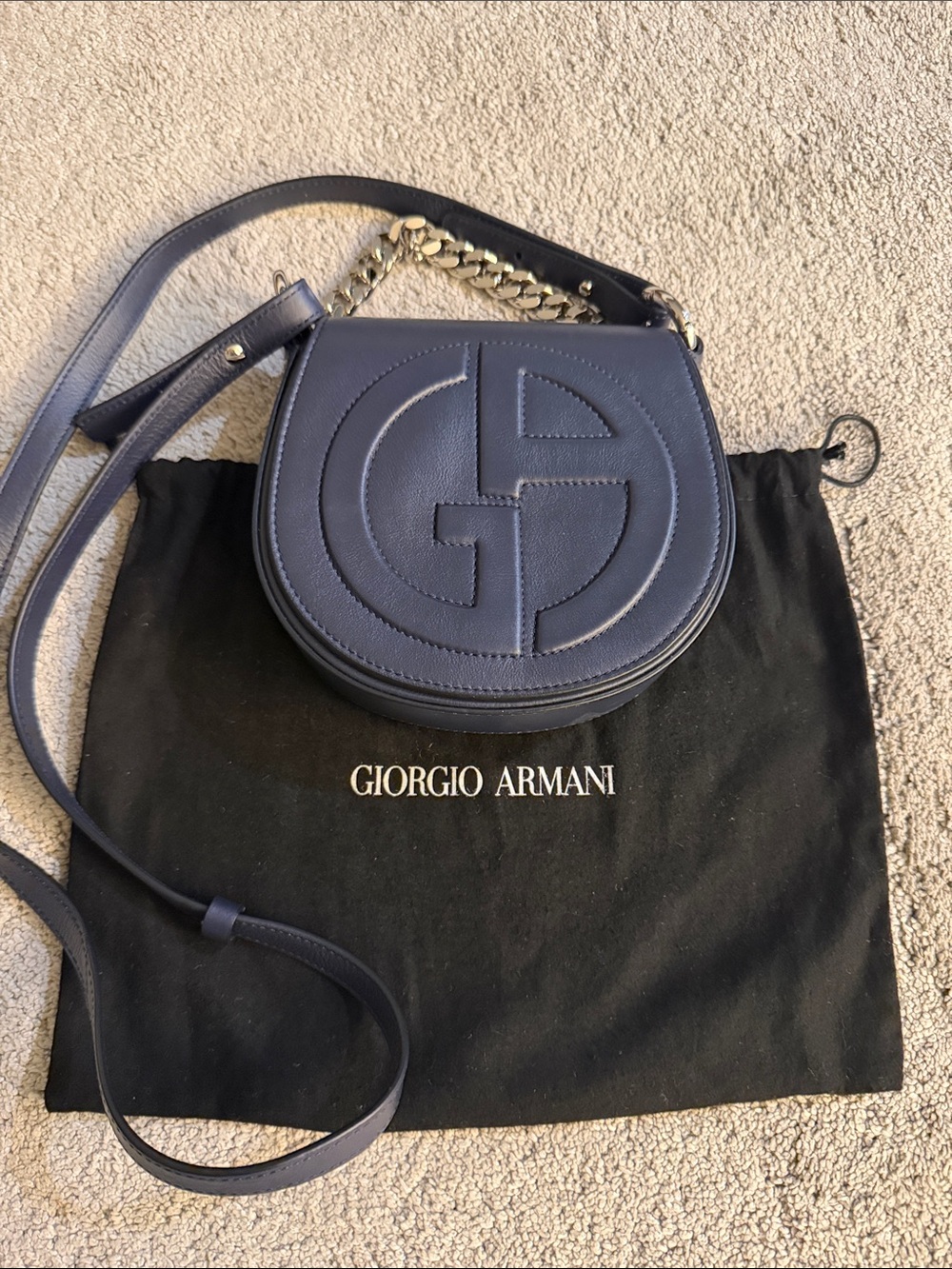 Giorgio Armani Navy Leather Saddle Crossbody with Chain Accent